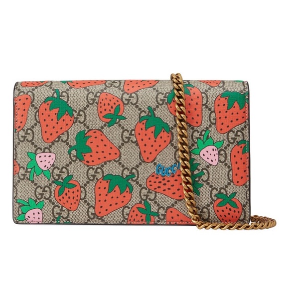 Gucci Handbags - Strawberry Print GG Supreme Wallet on a Chain 🍓